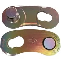 Rainbow-colored SRAM Eagle PowerLock 12-speed chain connector with oval cutouts and engraved arrow.