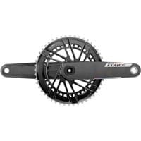 "Black SRAM Force E1 DUB crankset with direct mount chainring, sleek design, and silver branding on the arm"