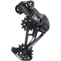 SRAM GX Eagle 12-speed rear derailleur, black with large 52T capacity, sleek design and visible pulley wheels.