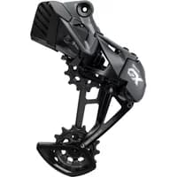 Black SRAM GX Eagle AXS 12-speed rear derailleur with sleek design and large pulley for max 52T compatibility.