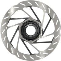 Silver SRAM HS2 Center Lock disc rotor with black hub and lockring, featuring rounded edges and cut-out design.