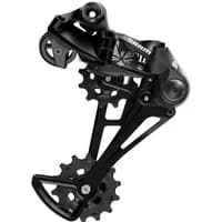 Black SRAM NX Eagle 12-speed rear derailleur with large jockey wheels and sleek angular design.