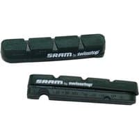 Black SRAM brake pad inserts with grooved surface and white branding text.