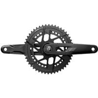Black SRAM Rival AXS E1 DUB crankset with power meter spindle, direct mount chainring, sleek design, no bottom bracket.