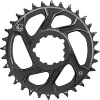 Black SRAM X-Sync 2 chainring, cold forged aluminum, 3mm offset, direct mount, with intricate tooth design.