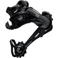 Black SRAM X5 10-speed rear derailleur with long cage and steel jockey wheels, featuring a sleek, compact design.