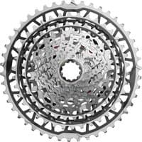 Silver SRAM XG-1371 XPLR E1 13-speed cassette with intricate gear pattern and black detailing.