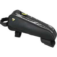 Black Topeak Fast Fuel TriBag with zipper, yellow logo, and adjustable straps for bike frame attachment.
