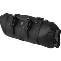 Black Topeak Frontloader handlebar bag, cylindrical shape, with adjustable straps and roll-top closure.