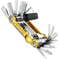 Topeak Mini 20 Pro Tool Gold with multiple fold-out hex wrenches, screwdrivers, and chain tool in a compact design.
