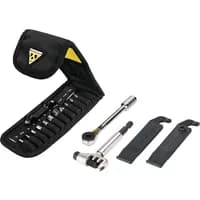 Topeak Ratchet Rocket Lite DX+ Tool Kit with black case, silver ratchet, bits, and tire levers.