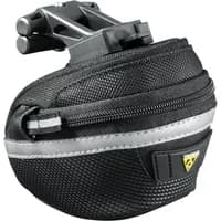 Black Topeak Wedge Pack II saddle bag with reflective stripe, textured fabric, and secure mounting clip.