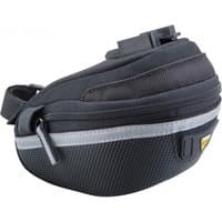 Black Topeak Wedge Pack II Saddle Bag with QuickClick, seatpost strap, reflective strip, and textured fabric.