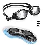 Black and grey TOPLUS swim goggles with soft silicone nose bridge, anti-fog lenses, UV protection, and adjustable strap.