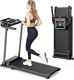 Foldable black treadmill with handle, compact design, digital display, and sturdy frame for under-desk use.