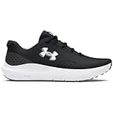 Black Under Armour running shoes with white sole, breathable mesh upper, and Charged Cushioning logo on the side.