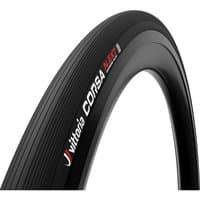 Black Vittoria Corsa N.EXT G2.0 tubeless road tyre with red and white branding, sleek tread design.