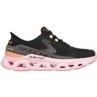 Black Skechers Glide-Step Altus trainers with pink sole, mesh upper, and yellow accents.