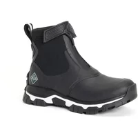 Black women's zipped boots with rugged sole, ankle strap, and Muck Boots logo on side.