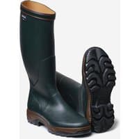 Green waterproof men’s boots by Aigle, with rugged soles and knee-high design.