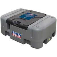 Gray Sealey D200T 200L portable diesel tank with black lid, integrated 12V pump, and Sealey logo on the side.