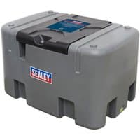 Gray Sealey D400T 400L diesel tank with black lid, integrated 12V pump, and red Sealey logo on the front.