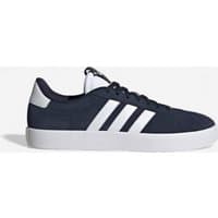 Blue Adidas Vl Court 3.0 suede men's walking shoes with white stripes and white sole.