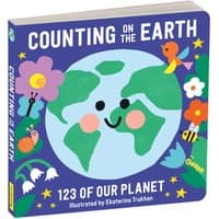 "Counting on The Earth board book with smiling Earth, flowers, and animals on a blue cover."