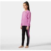 Pink Helly Hansen junior base layer set with long sleeves and black leggings, featuring a small logo on the chest.