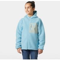Blue Helly Hansen juniors' fleece jacket with hood, front zipper, and light gray chest pocket.