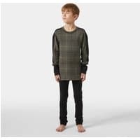 Brown Helly Hansen junior base layer set with plaid top and solid black sleeves and pants, suitable for age 10.