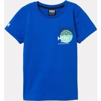 Blue Helly Hansen kids' t-shirt with wave graphic and "MINI" text on left chest, short sleeves, crew neck.