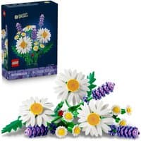 LEGO Botanicals Daisies set with white petals, yellow centers, and purple accents, displayed with packaging.