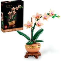 LEGO Botanicals Mini Orchid set with pink flowers, green leaves, and a round brown pot on a small wooden stand.