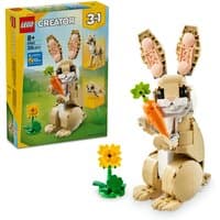 LEGO Creator 3in1 Cute Bunny Toy, beige rabbit with carrot, posable ears, includes flower and alternate animal builds.
