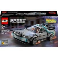 LEGO Speed Champions Back To The Future Time Machine set, gray car with flux capacitor details and lightning effects.