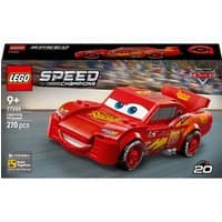 Red LEGO Speed Champions Lightning McQueen set with racing decals, 270 pieces, ages 9+, in branded box.