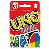 Red box of Mattel UNO card game with colorful number and action cards displayed at the bottom.