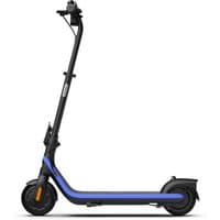 Black and blue Ninebot eKickScooter C2 Pro with sleek frame, upright handlebar, and small wheels.