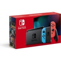 Nintendo Switch console with red and blue Joy-Con controllers, 6.2-inch screen, 32 GB storage, in red packaging box.