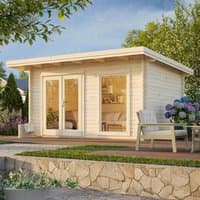 Palmako Heidi log cabin summerhouse, 4.1m x 3m, natural wood finish, large glass doors, flat roof, garden setting.