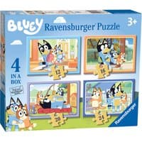 Ravensburger Bluey 4 in A Box Puzzles with colorful Bluey scenes, four puzzles, 12 to 24 pieces, ages 3+.