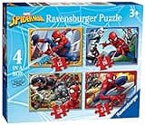 Ravensburger Spider-Man jigsaw puzzle set for kids, featuring four puzzles with vibrant Spider-Man action scenes.