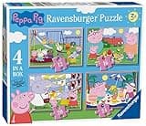 Ravensburger Peppa Pig puzzle set, 4 colorful scenes, 12-24 pieces, featuring Peppa and friends, blue box packaging.