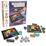 The Genius Square board game with colorful blocks, dice, and challenge cards in a purple box by The Happy Puzzle Company.