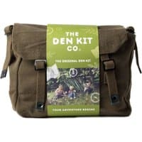 Brown canvas bag with buckle straps, labeled "The Original Den Kit" by The Den Kit Company Ltd, featuring outdoor imagery.