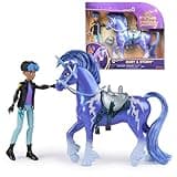 Unicorn Academy set with purple unicorn, real mane, tail, and brush, includes Rory figure, in colorful packaging.