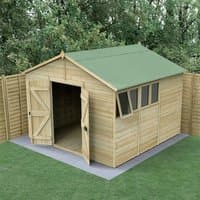 Wooden 10' x 10' apex shed with green roof, double doors, and side windows, set on concrete slab in garden.