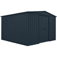 Anthracite grey metal shed with apex roof, double sliding doors, and vertical panel design, measuring 10' x 10'.