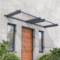 Grey Palram Canopia Nancy 3000 door canopy with clear panels and sturdy metal brackets, measuring 3.01m x 0.94m.
